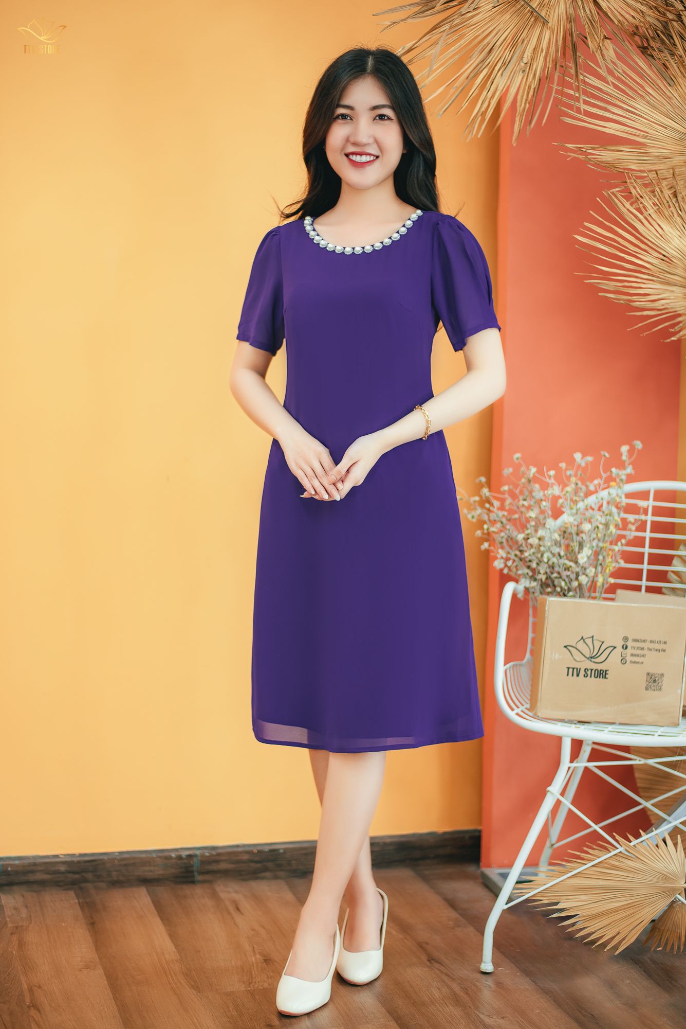 Đầm suông - Cổ tròn kết ngọc tay ngắn - CT - Tím huế - TTV1426