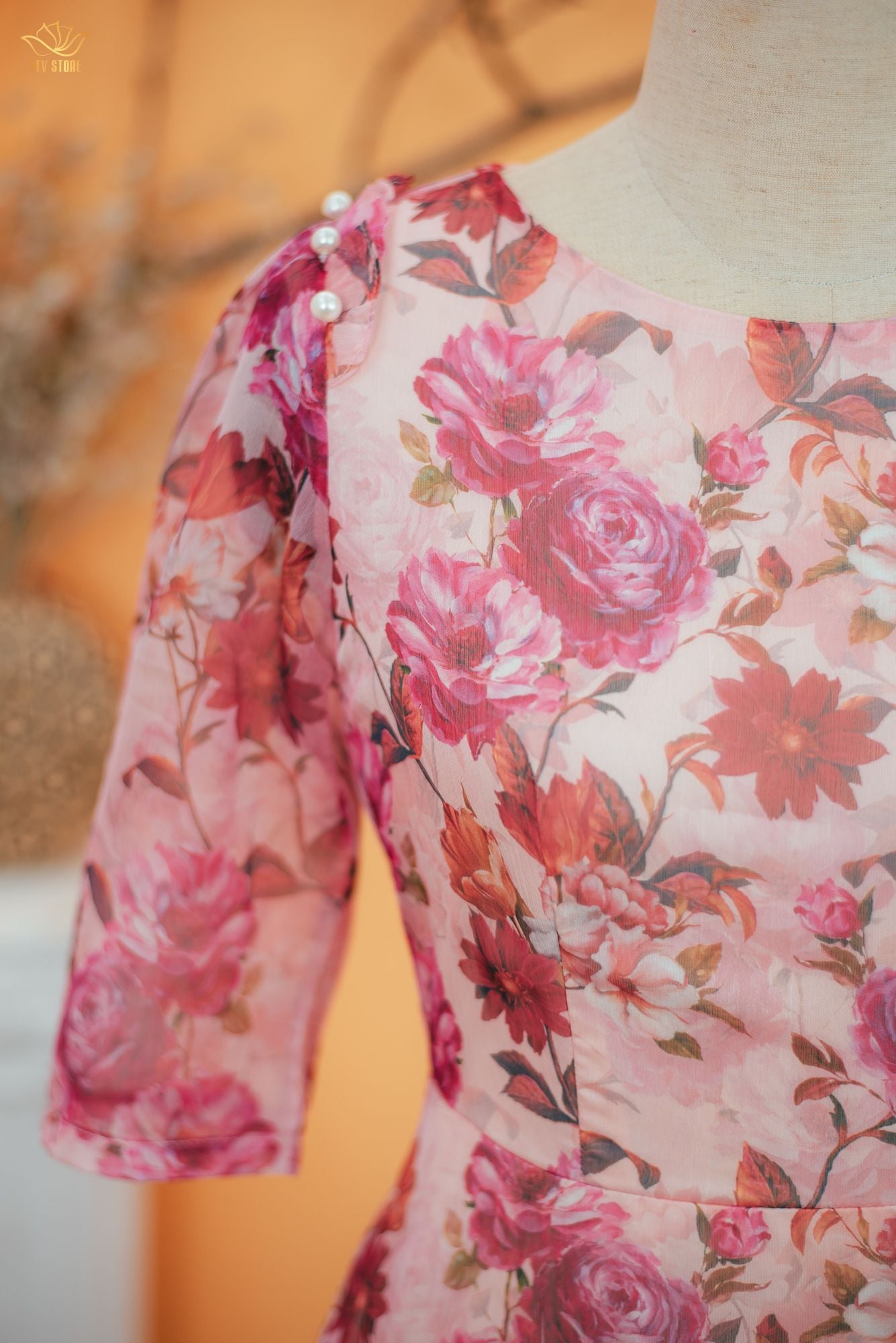 Đầm xòe - Cổ tròn tay lỡ kết ngọc - CV - Hồng hoa - TTV1727