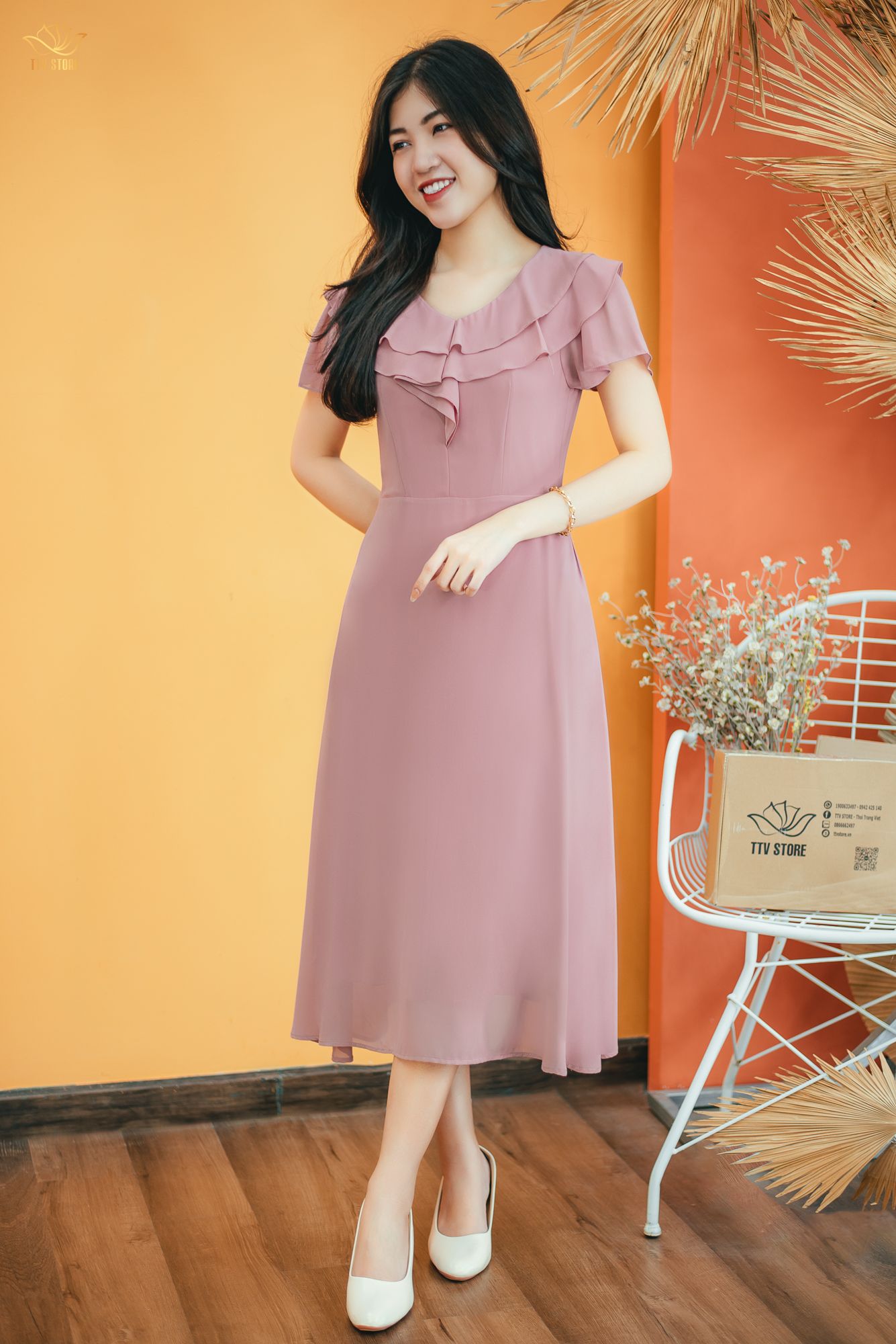 Đầm xòe - Cổ tim bèo tay ngắn - AH - Hồng Ruốc - TTV1385