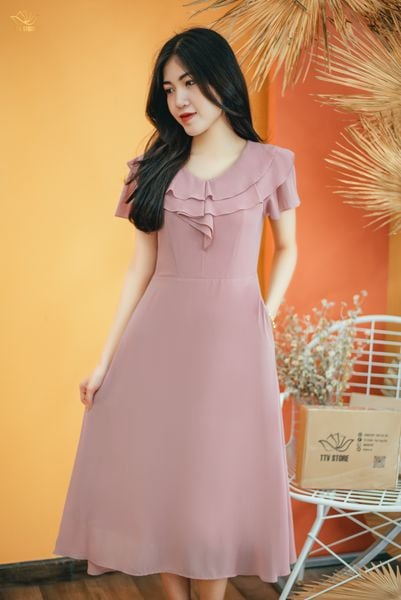 Đầm xòe - Cổ tim bèo tay ngắn - AH - Hồng Ruốc - TTV1385
