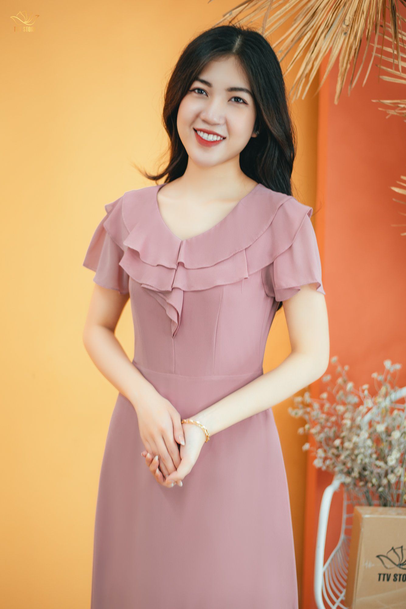 Đầm xòe - Cổ tim bèo tay ngắn - AH - Hồng Ruốc - TTV1385