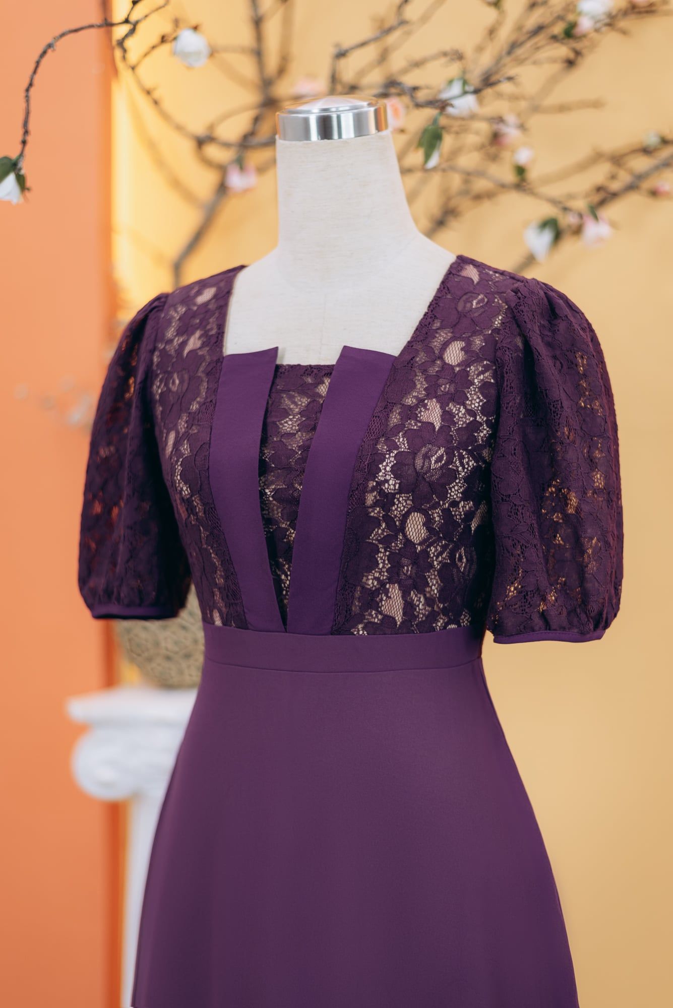 Đầm xòe - Cổ vuông V tay lỡ - CD - Tím cẩm - TTV1730