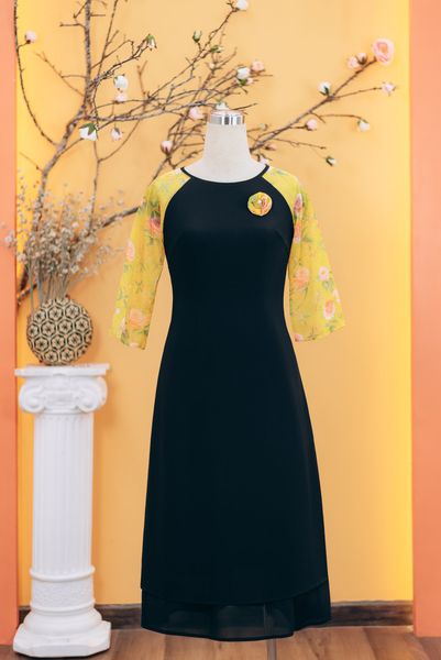 Áo dài cách tân - Cổ tròn tay lỡ - CD - Đen hoa - TTV1731#