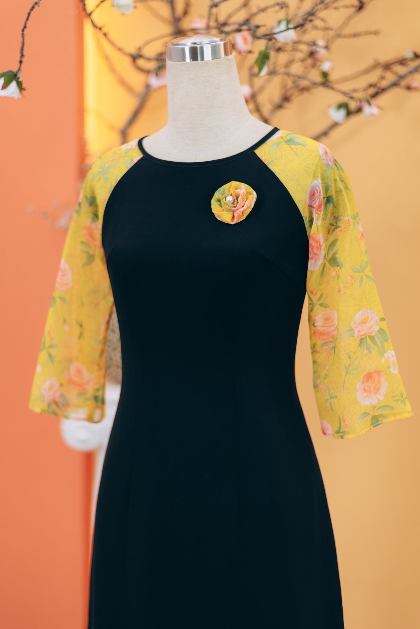 Áo dài cách tân - Cổ tròn tay lỡ - CD - Đen hoa - TTV1731#