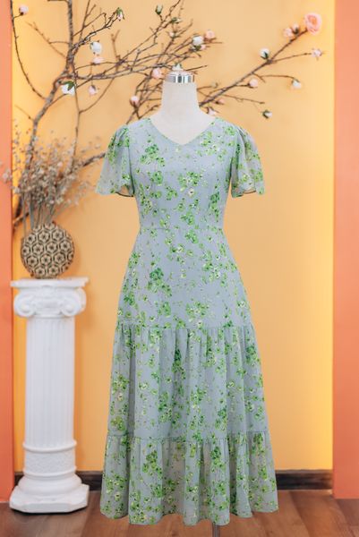 Đầm maxi - Cổ tim tay ngắn - CD - Xám hoa - TTV1737