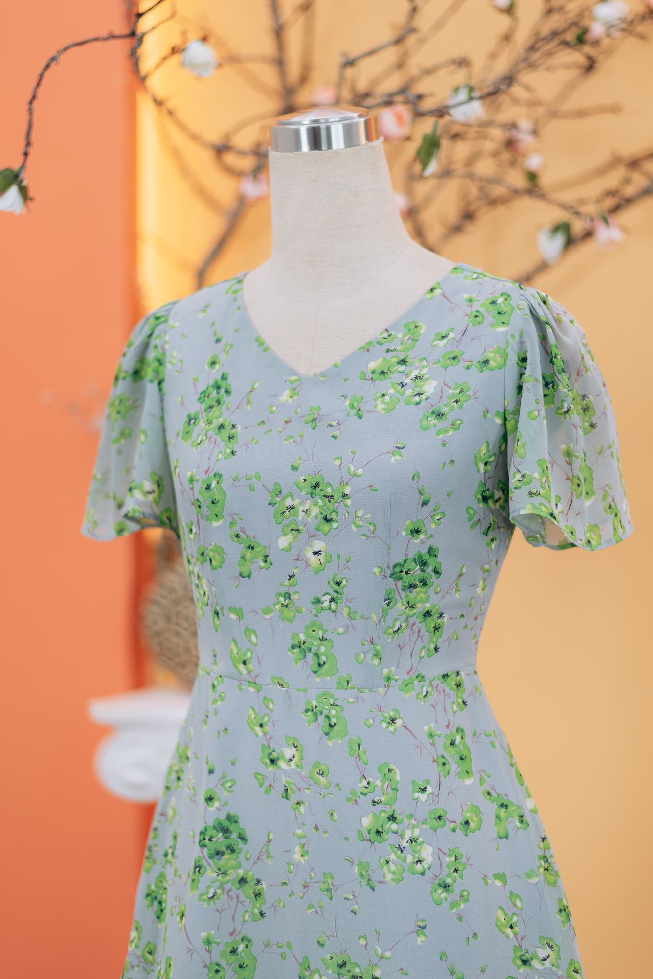 Đầm maxi - Cổ tim tay ngắn - CD - Xám hoa - TTV1737