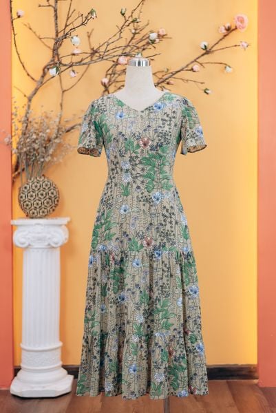 Đầm maxi - Cổ tim tay ngắn - CD - Nâu hoa - TTV1736