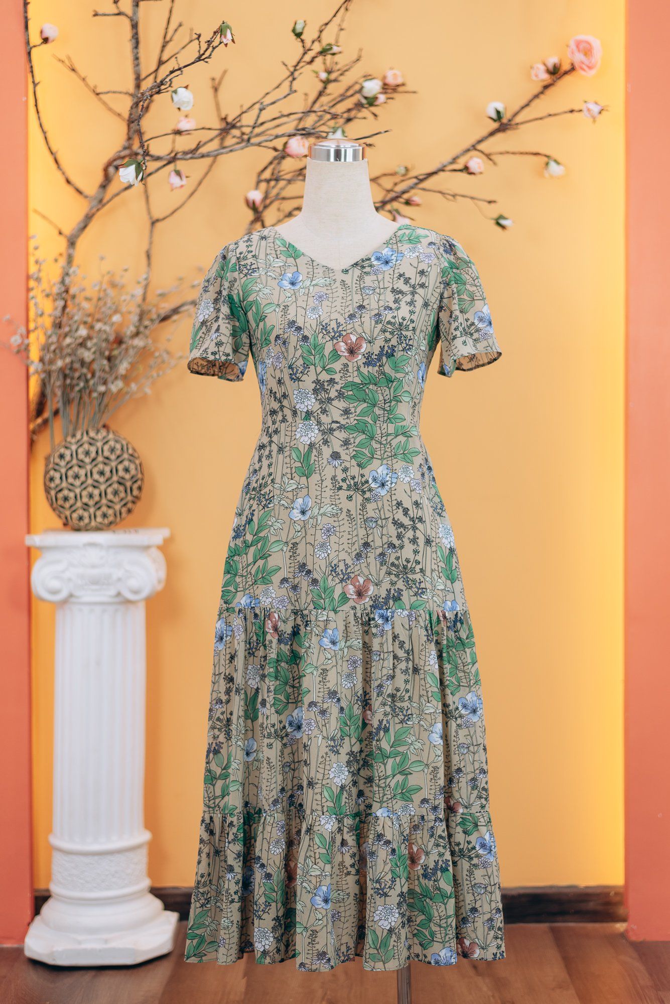 Đầm maxi - Cổ tim tay ngắn - CD - Nâu hoa - TTV1736