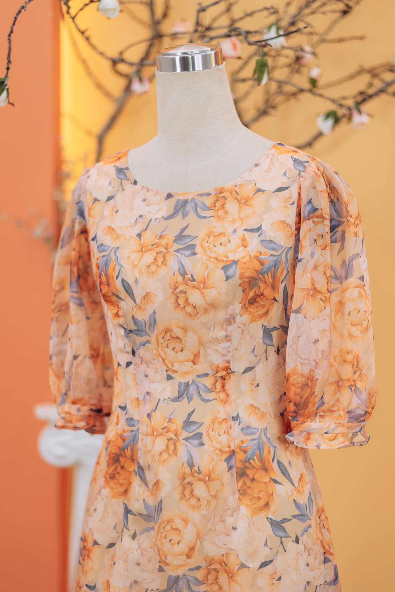 Đầm suông - Cổ tròn tay lỡ - CD - Cam hoa - TTV1718