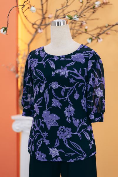 Áo - Cổ tròn tay lỡ - CT - Đen hoa tím - TTV1732