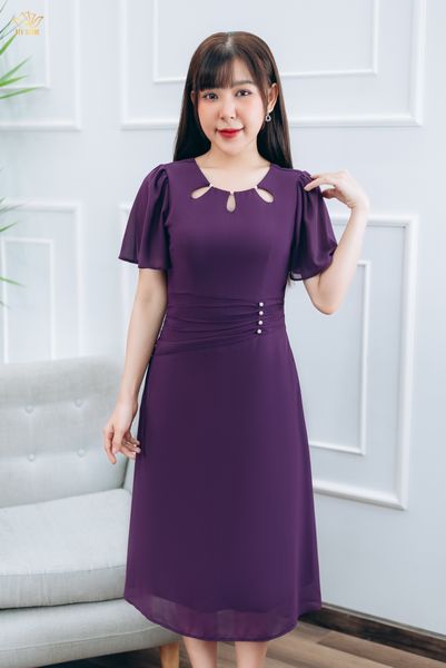 Đầm form A - Cổ tròn kết ngọc tay loe - CT - Tím cẩm - TTV1431