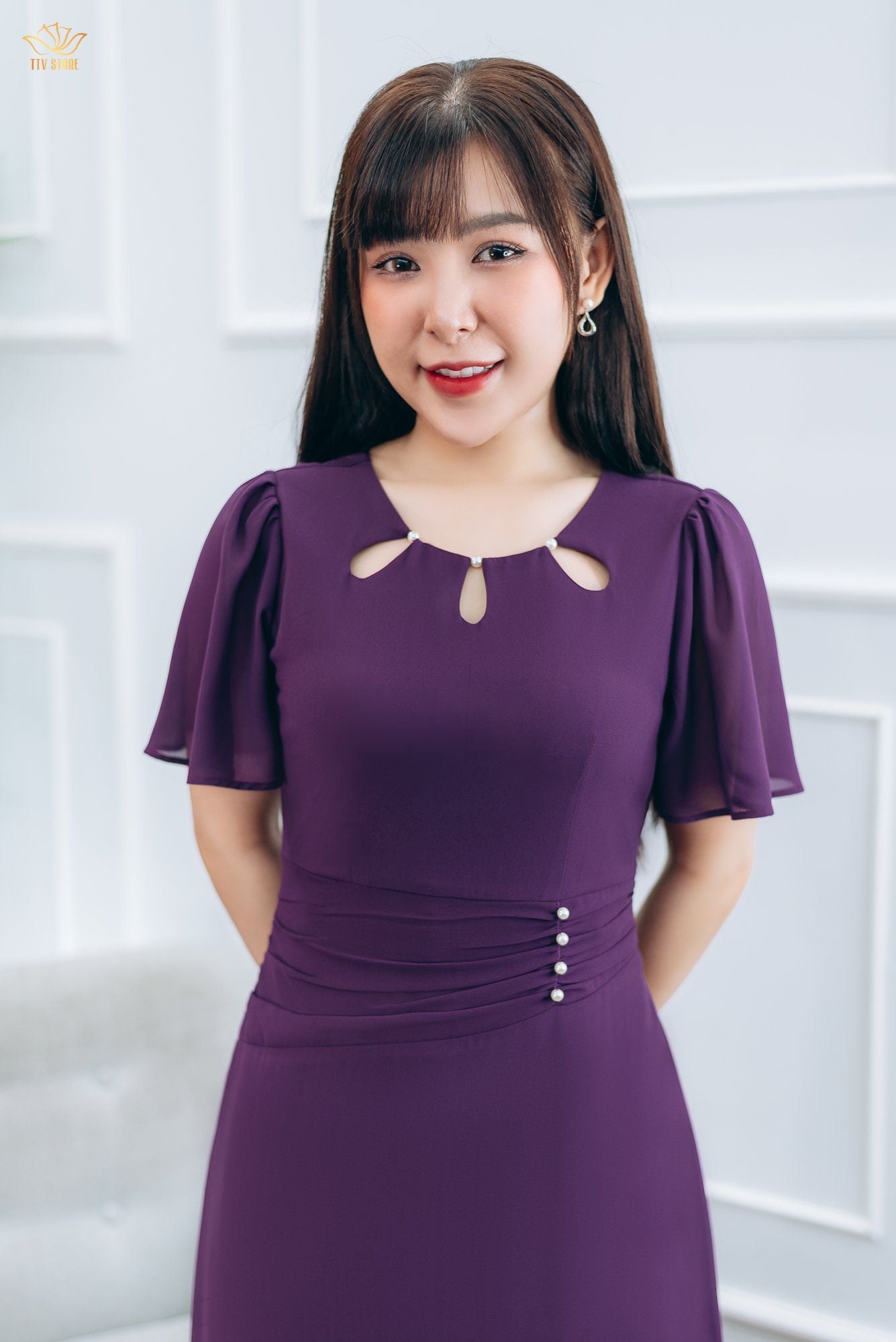 Đầm form A - Cổ tròn kết ngọc tay loe - CT - Tím cẩm - TTV1431