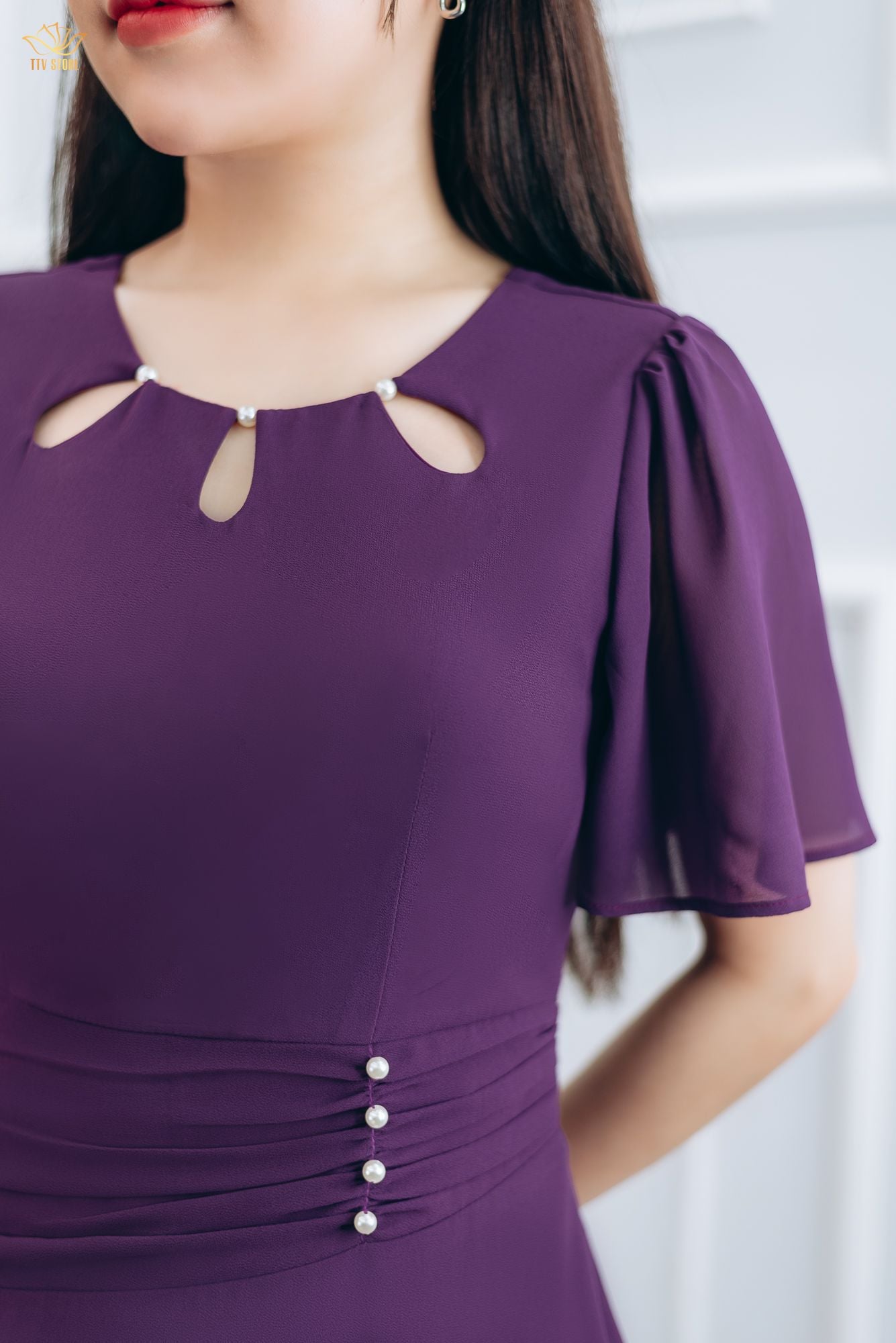 Đầm form A - Cổ tròn kết ngọc tay loe - CT - Tím cẩm - TTV1431