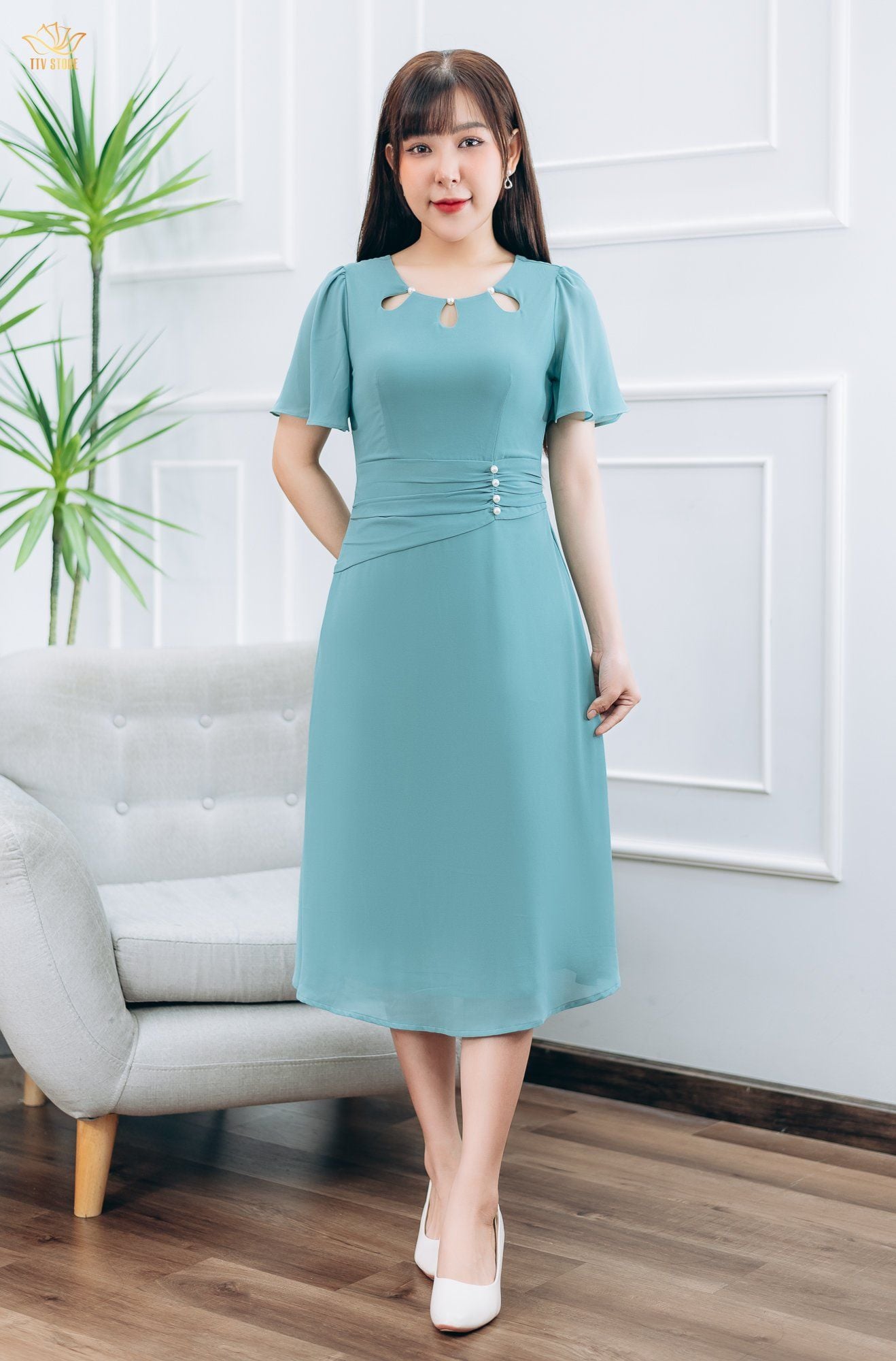 Đầm form A - Cổ tròn kết ngọc tay loe - CT - Xanh ngọc - TTV1431