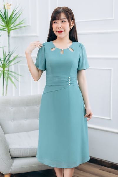 Đầm form A - Cổ tròn kết ngọc tay loe - CT - Xanh ngọc - TTV1431
