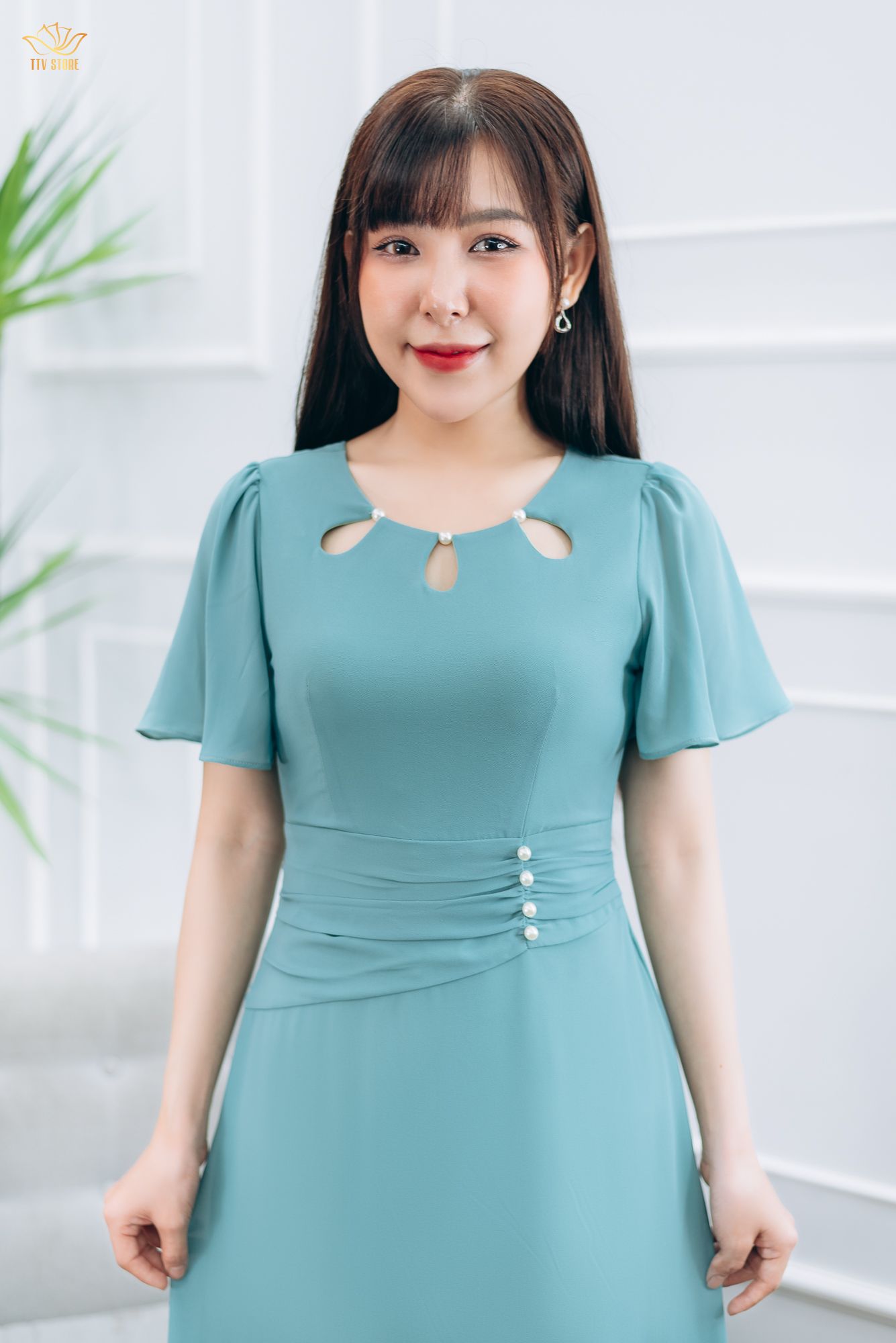 Đầm form A - Cổ tròn kết ngọc tay loe - CT - Xanh ngọc - TTV1431