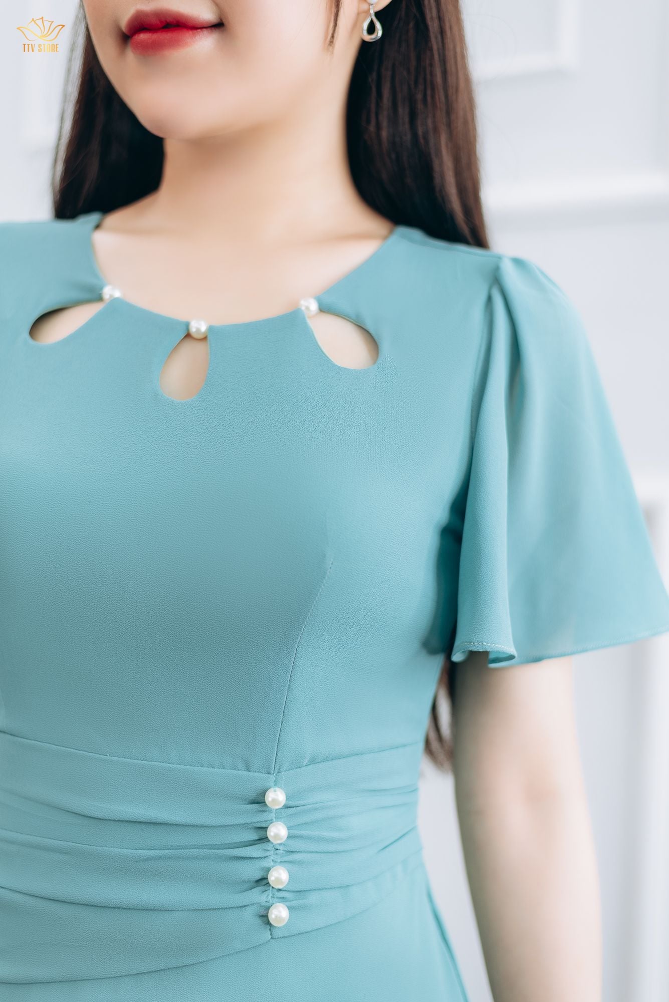Đầm form A - Cổ tròn kết ngọc tay loe - CT - Xanh ngọc - TTV1431