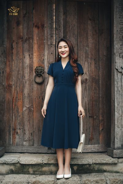 Đầm xoè - Cổ V kết nút tay ngắn - CD - Xanh đen - TTV1128