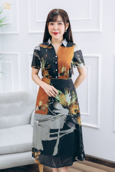 Đầm form A - Cổ bẻ kết nút tay ngắn - CV - Đen họa tiết - TTV1434