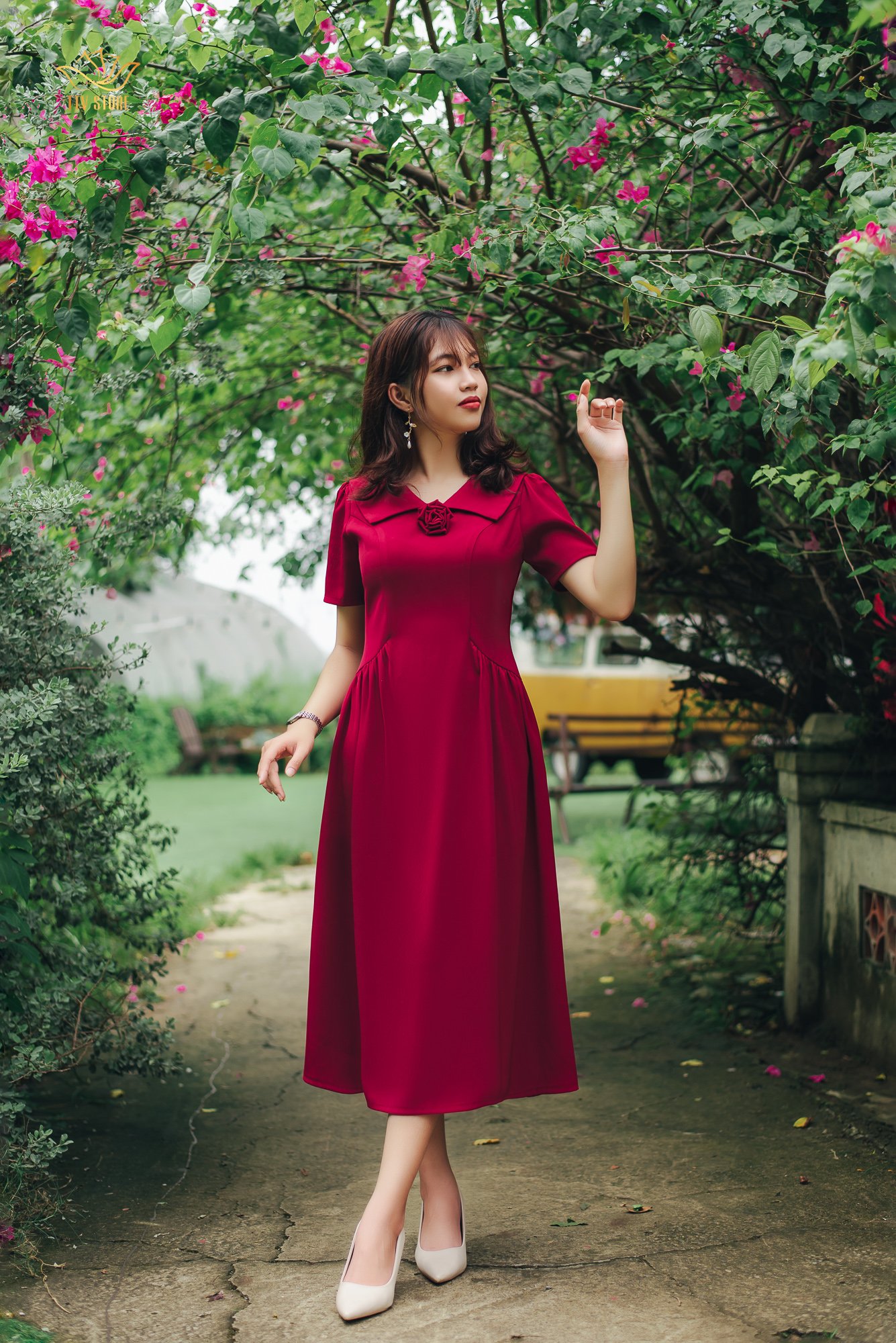 Đầm xòe - Cổ lá sen tay ngắn nhún eo - CD - Đỏ đô - TTV1125#