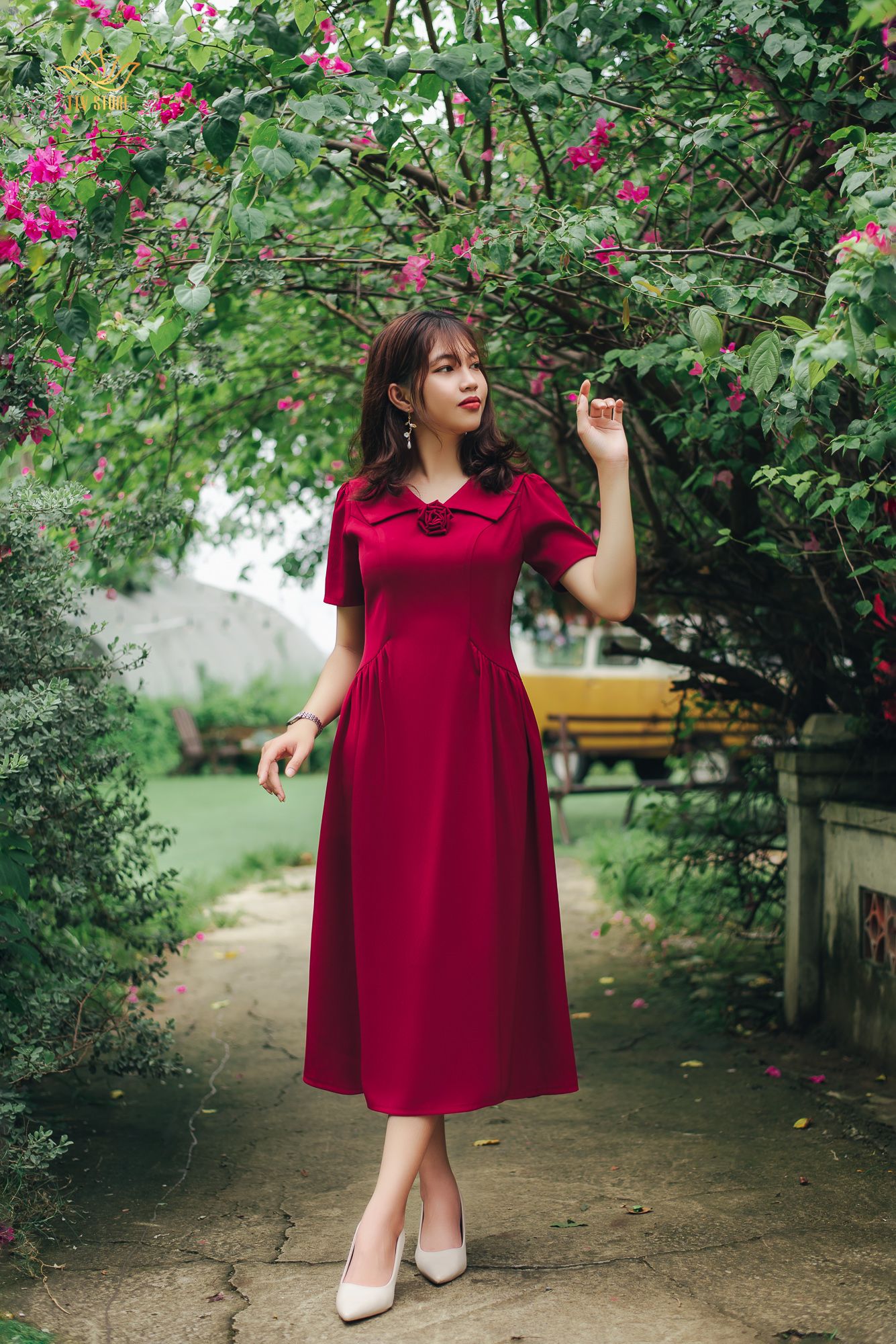 Đầm xòe - Cổ lá sen tay ngắn nhún eo - CD - Đỏ đô - TTV1125#