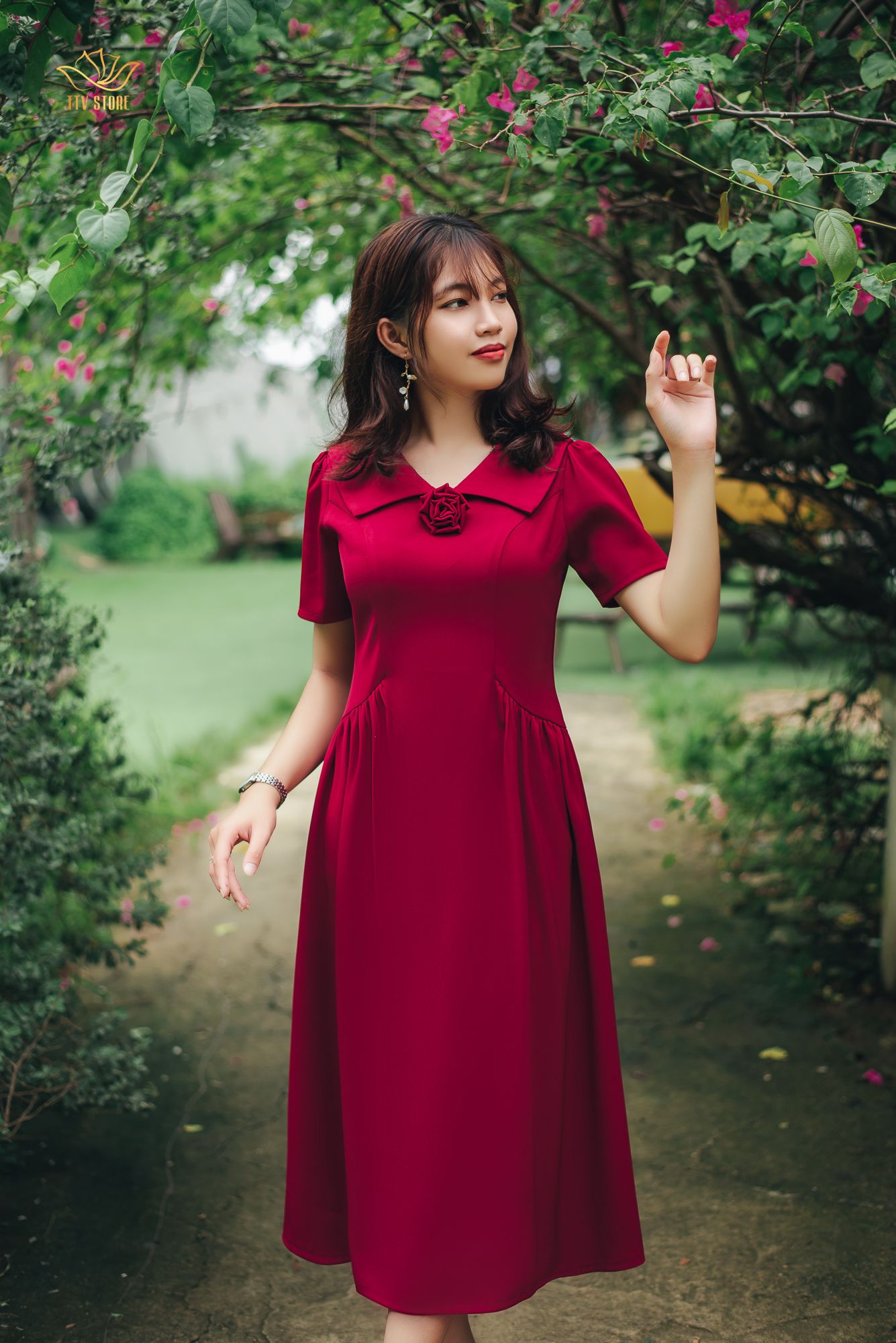 Đầm xòe - Cổ lá sen tay ngắn nhún eo - CD - Đỏ đô - TTV1125#