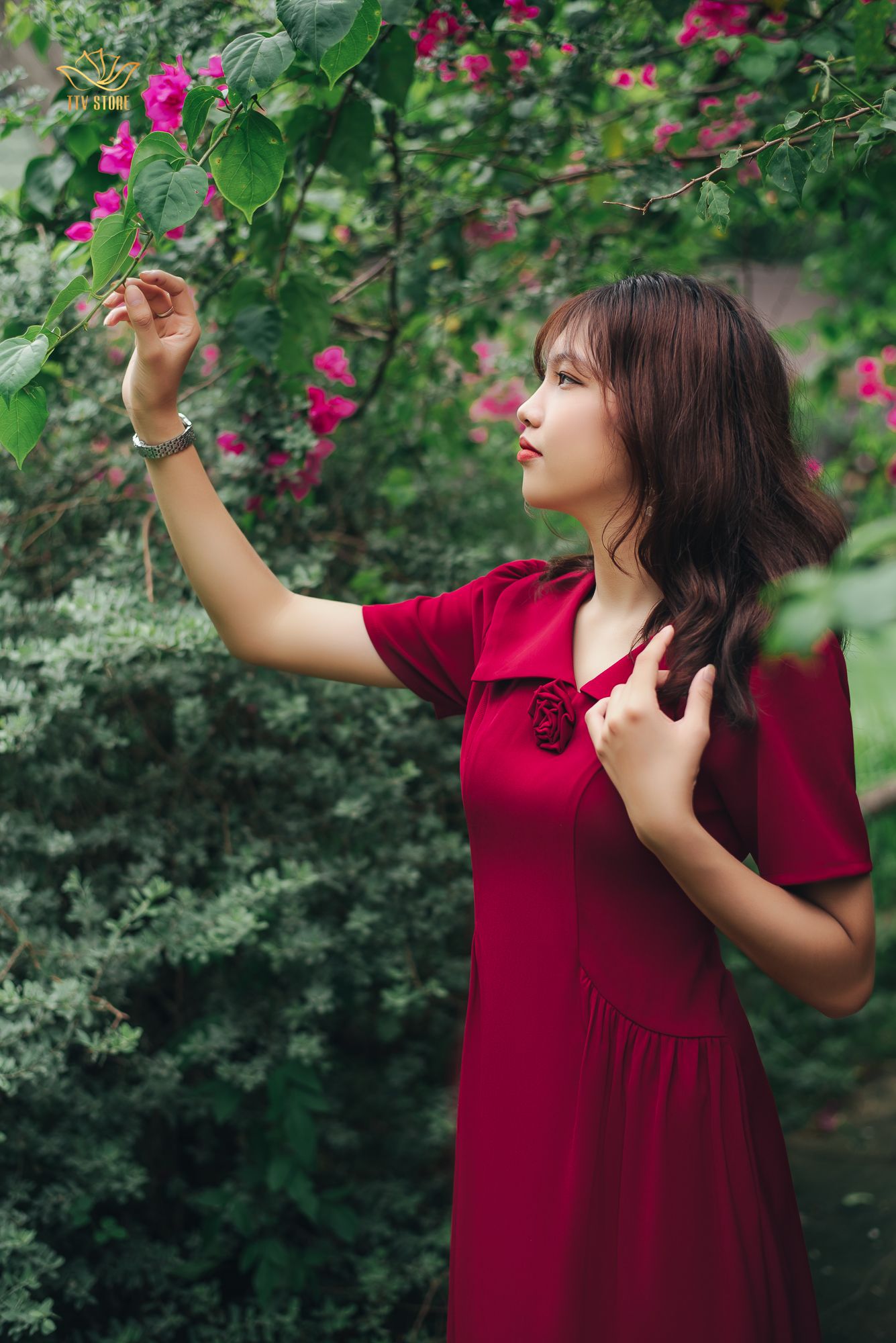 Đầm xòe - Cổ lá sen tay ngắn nhún eo - CD - Đỏ đô - TTV1125#