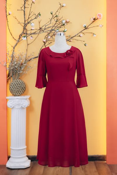 Đầm xòe - Cổ tròn bèo kết hoa tay chuông - CV - Đỏ đô - TTV1735