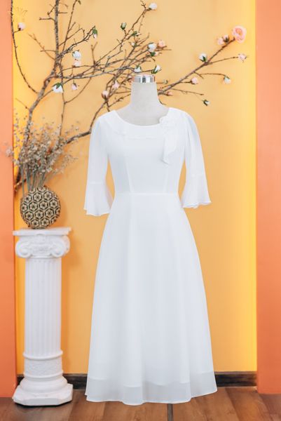 Đầm xòe - Cổ tròn bèo kết hoa tay chuông - CV - Trắng - TTV1735