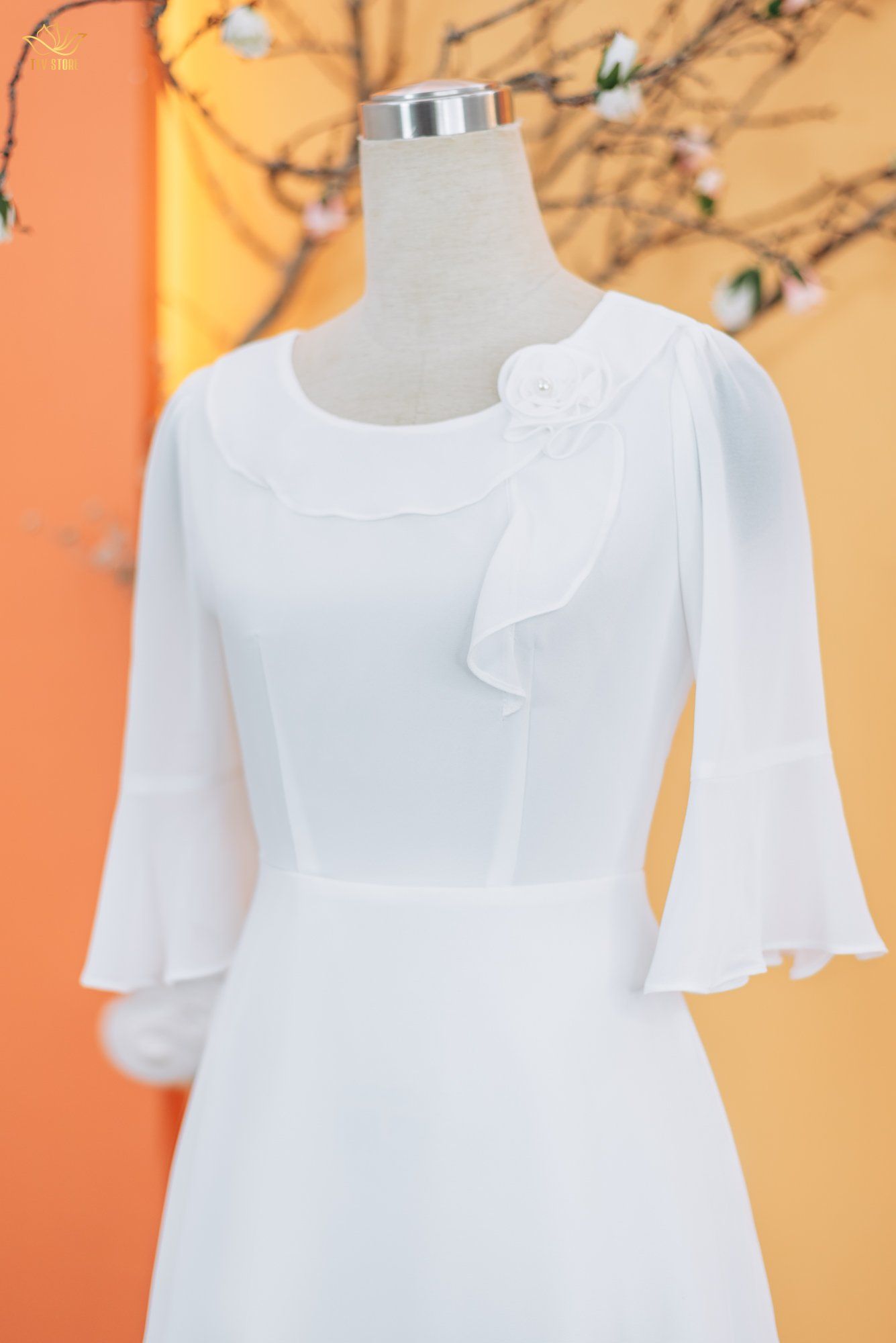 Đầm xòe - Cổ tròn bèo kết hoa tay chuông - CV - Trắng - TTV1735