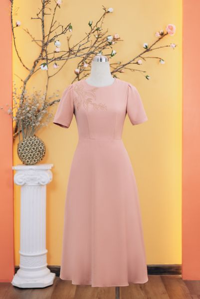 Đầm xòe - Cổ tròn kết cườm tay ngắn - CV - Hồng ruốc - TTV1738