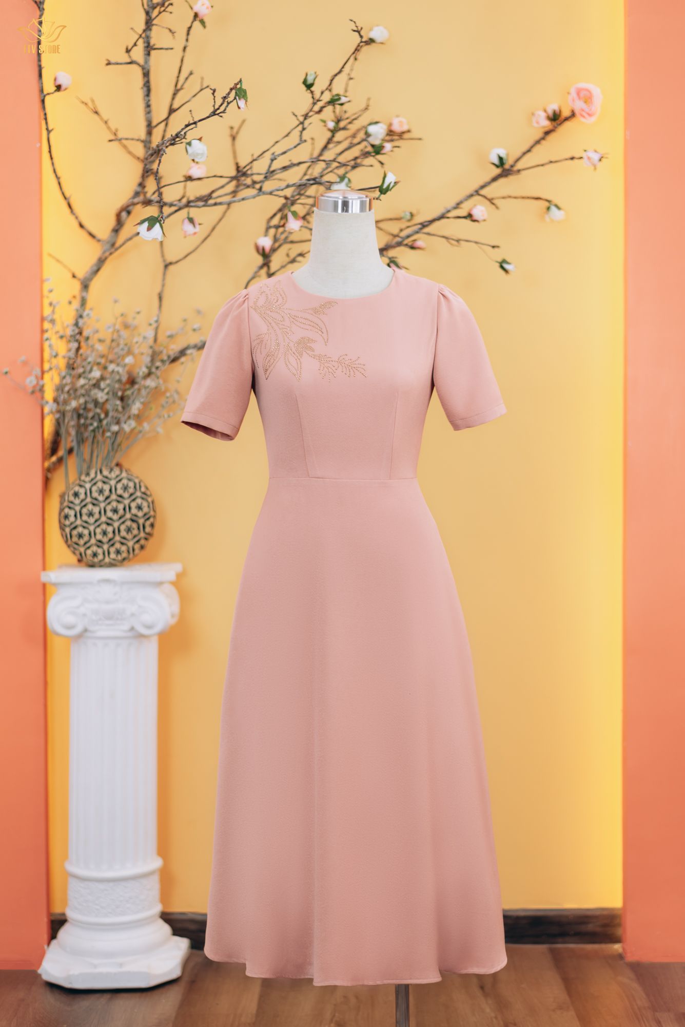 Đầm xòe - Cổ tròn kết cườm tay ngắn - CV - Hồng ruốc - TTV1738