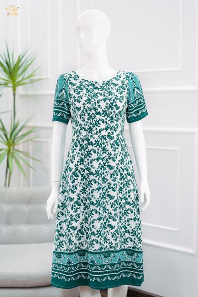 Đầm form A - Cổ tròn tay ngắn - CT - Trắng hoa xanh - TTV1440