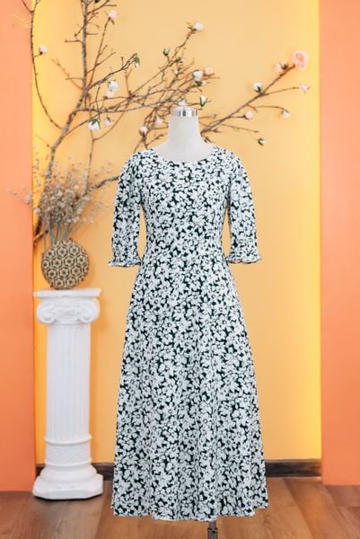 Đầm maxi - Cổ tròn tay lỡ - CD - Đen hoa trắng - TTV1742