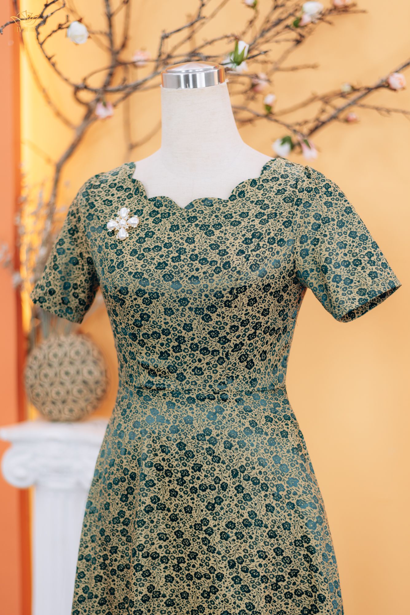 Đầm xòe - Cổ sóng nước tay ngắn - CV - Xanh hoa - TTV1745#