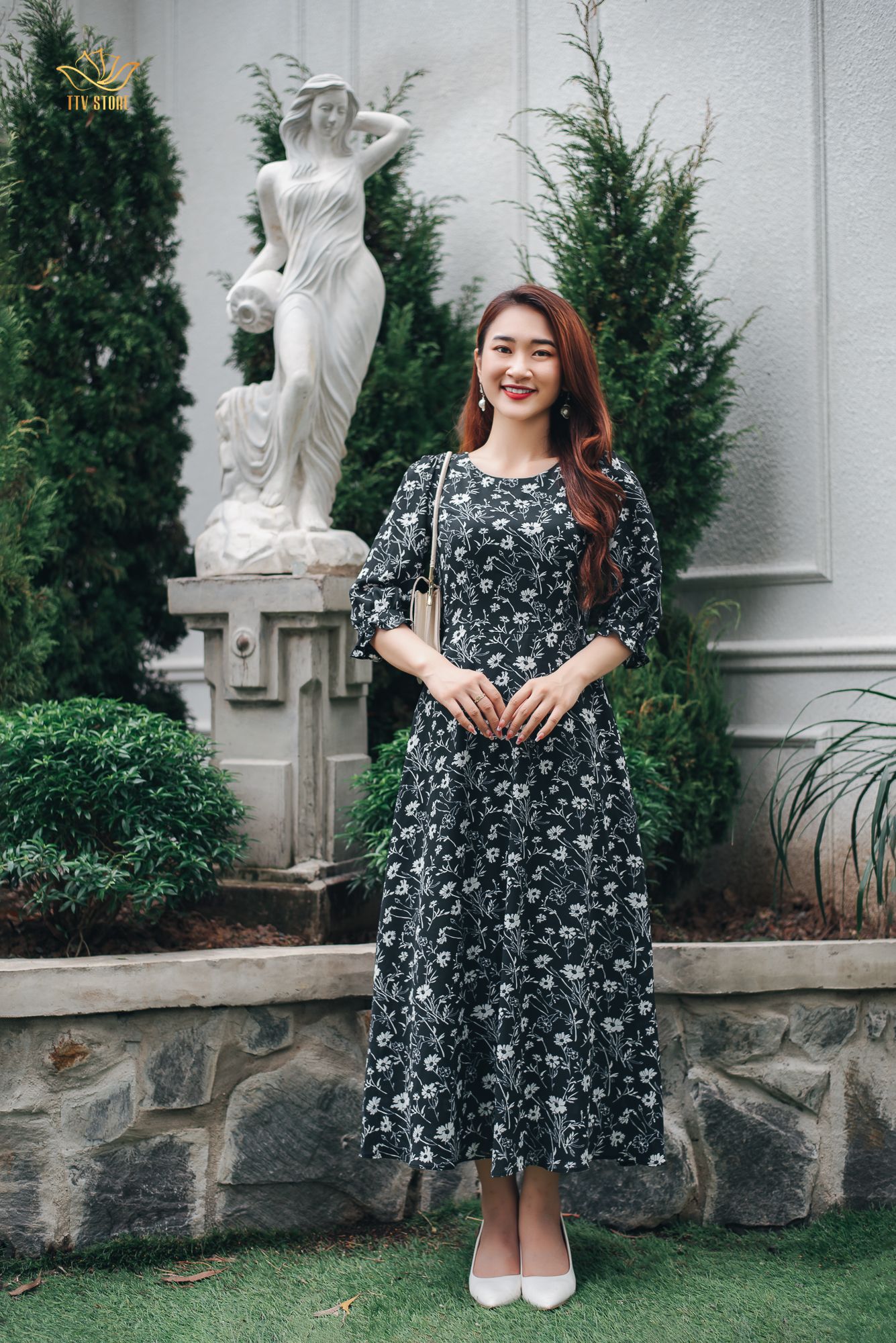 Maxi - Cổ tròn tay lỡ - CD - Đen hoa trắng - TTV1127