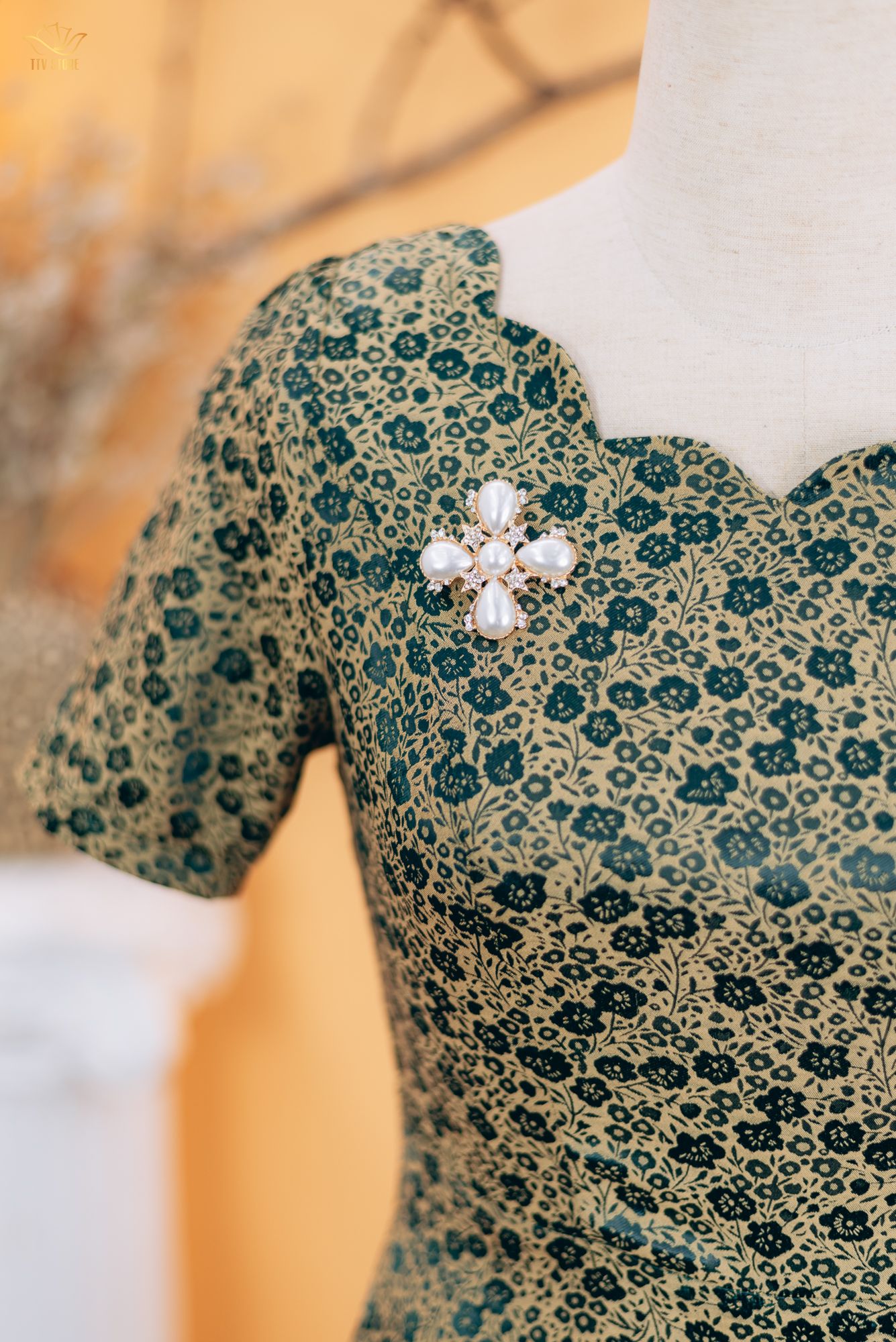 Đầm xòe - Cổ sóng nước tay ngắn - CV - Xanh hoa - TTV1745#