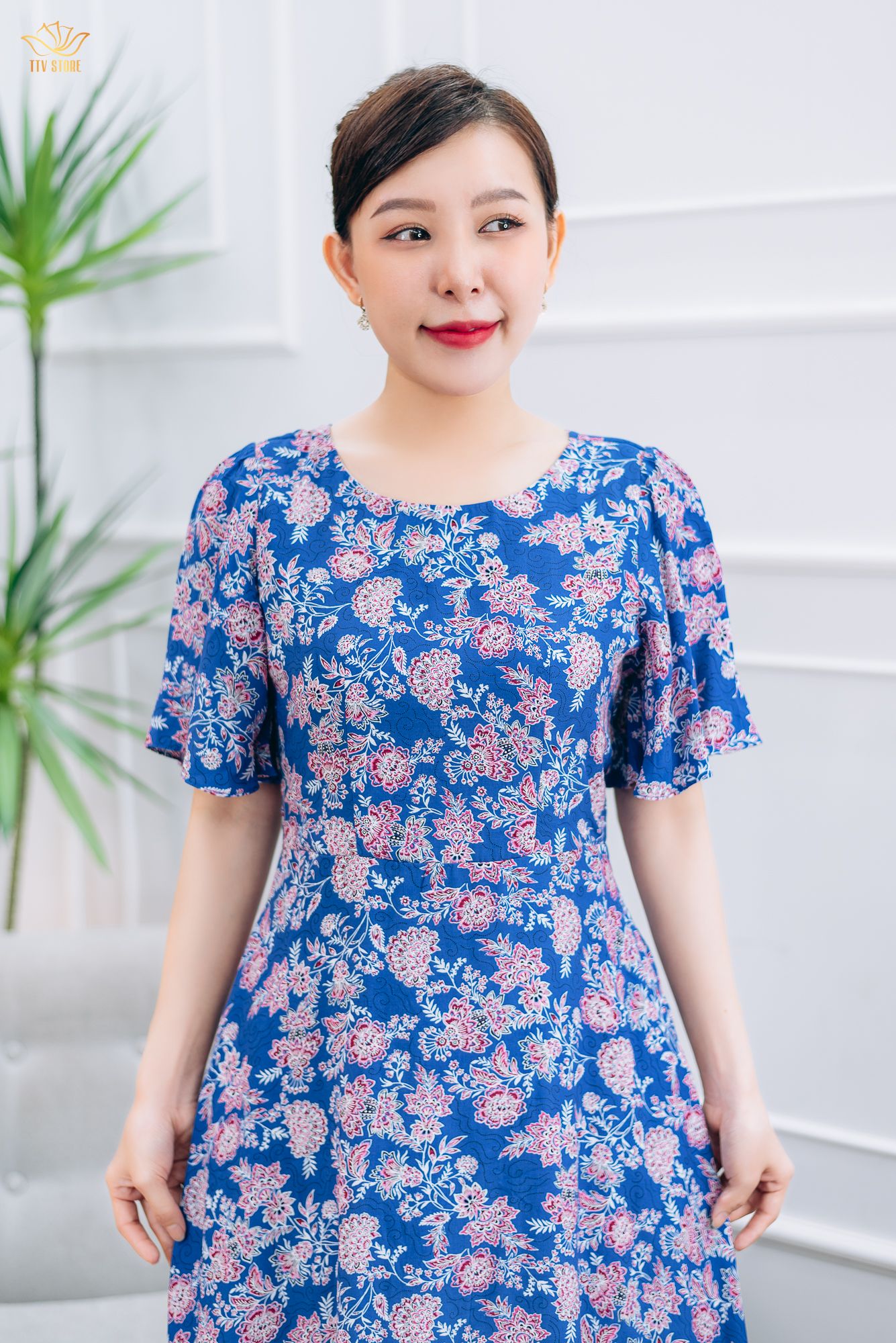 Đầm xòe - Cổ tròn tay loe - CT - Xanh hoa - TTV1460