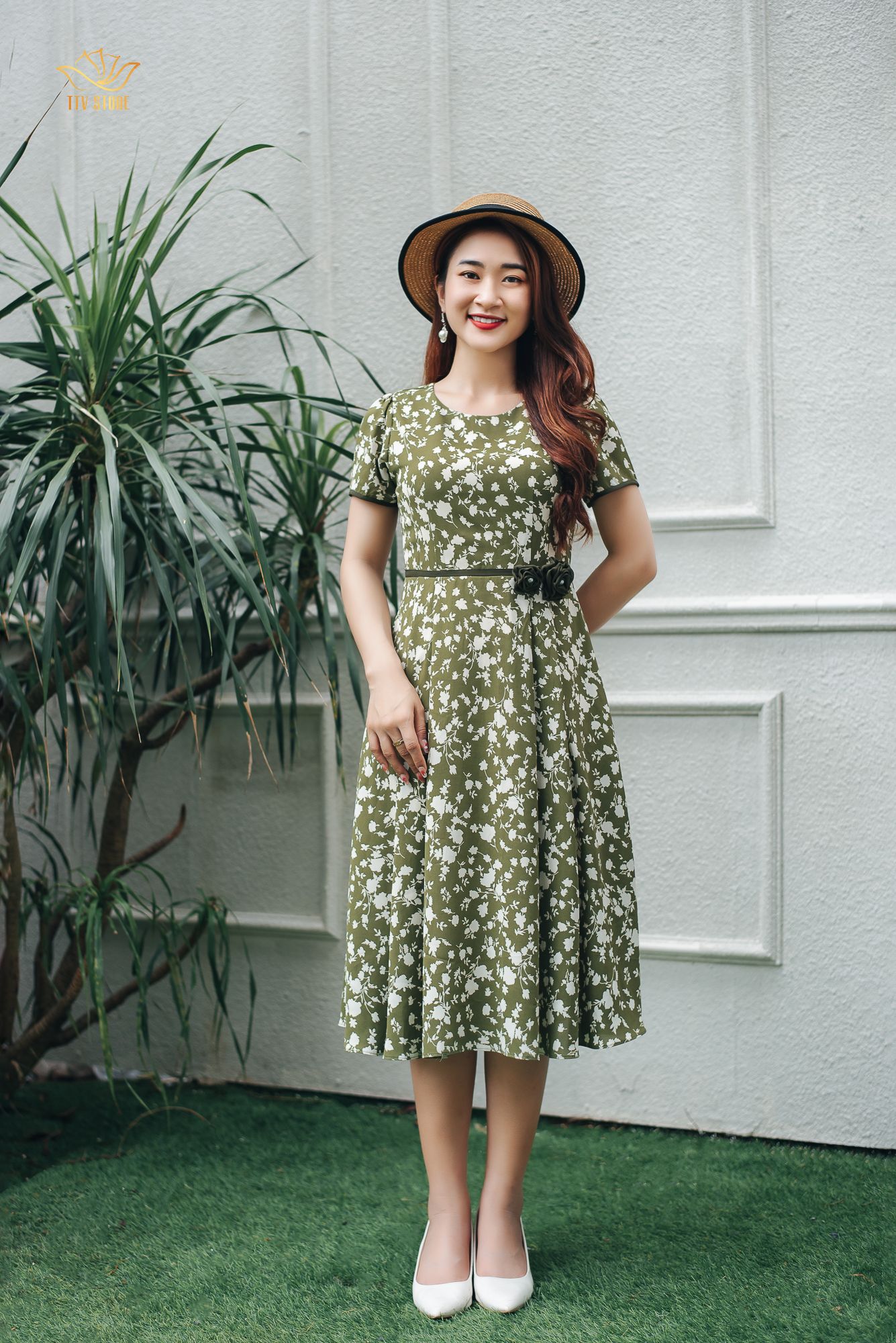 Đầm xoè - Cổ tròn tay ngắn - CD- Xanh hoa trắng - TTV1150#