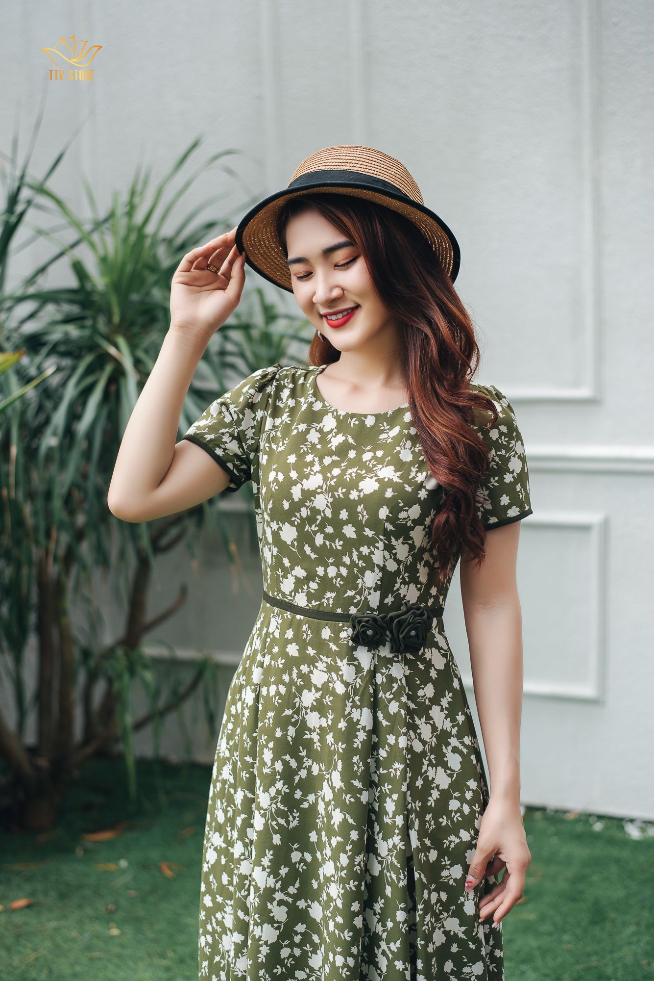 Đầm xoè - Cổ tròn tay ngắn - CD- Xanh hoa trắng - TTV1150#