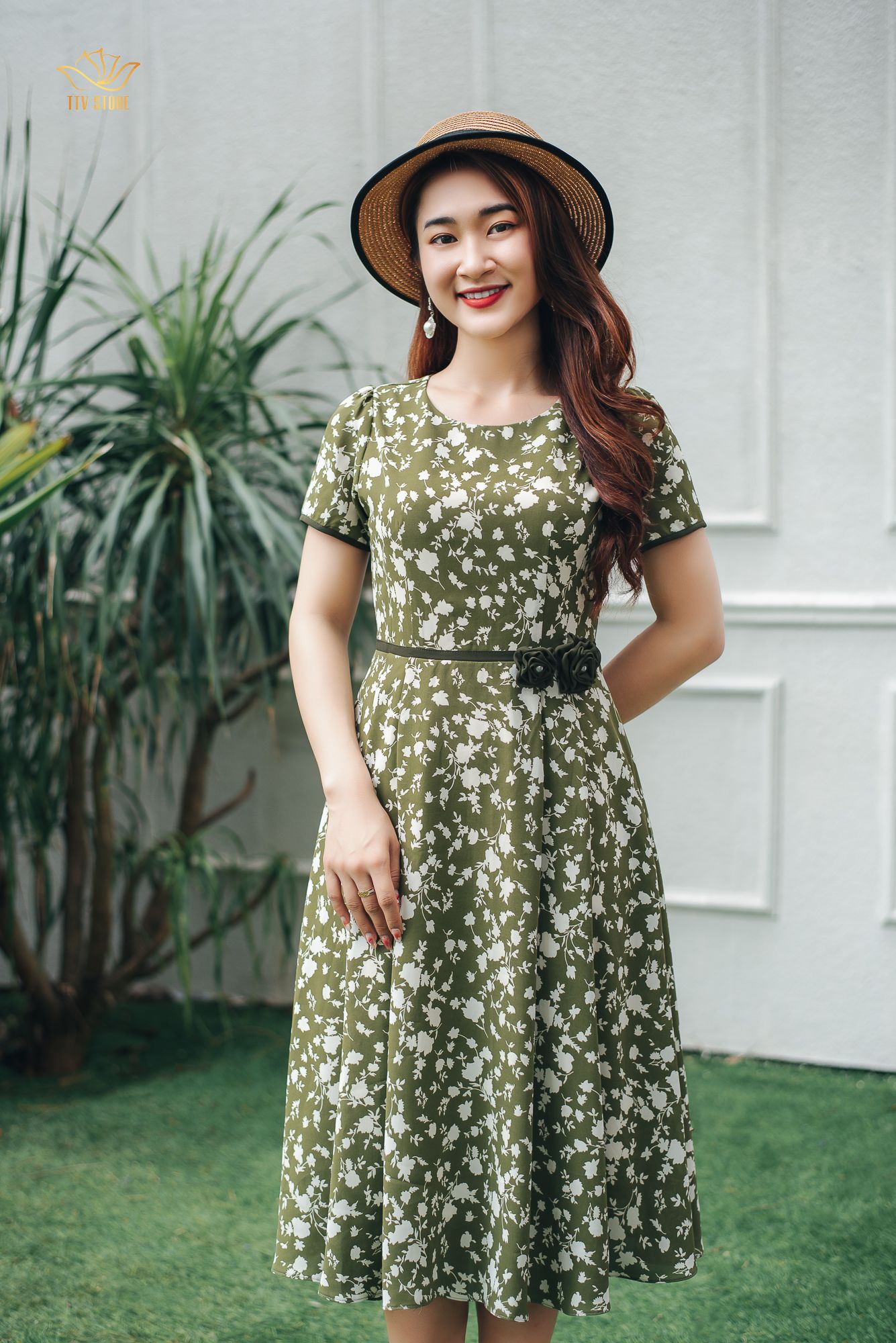 Đầm xoè - Cổ tròn tay ngắn - CD- Xanh hoa trắng - TTV1150#