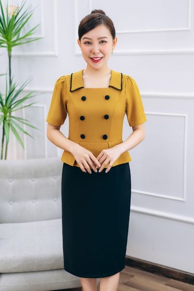 Đầm body  - Cổ vuông kết nút tay ngắn - CT - Đen vàng - TTV1453