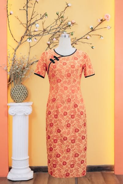 Body - Sườn xám cổ tròn nút thắt tàu tay ngắn - CD - Cam hoa - TTV1757