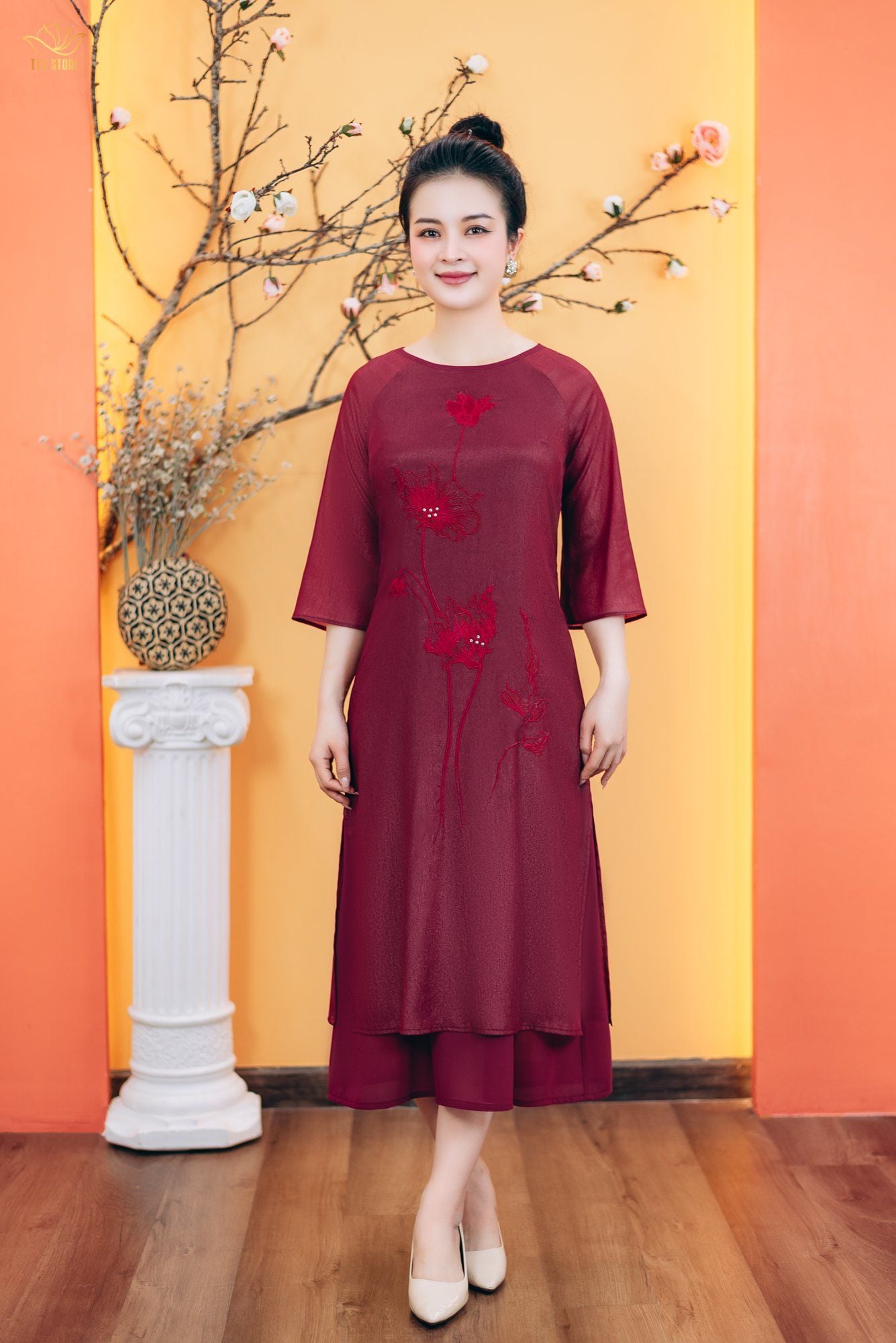 Áo dài cách tân - Cổ tròn kết hoa tay lỡ - CD - Đỏ đô - TTV1763