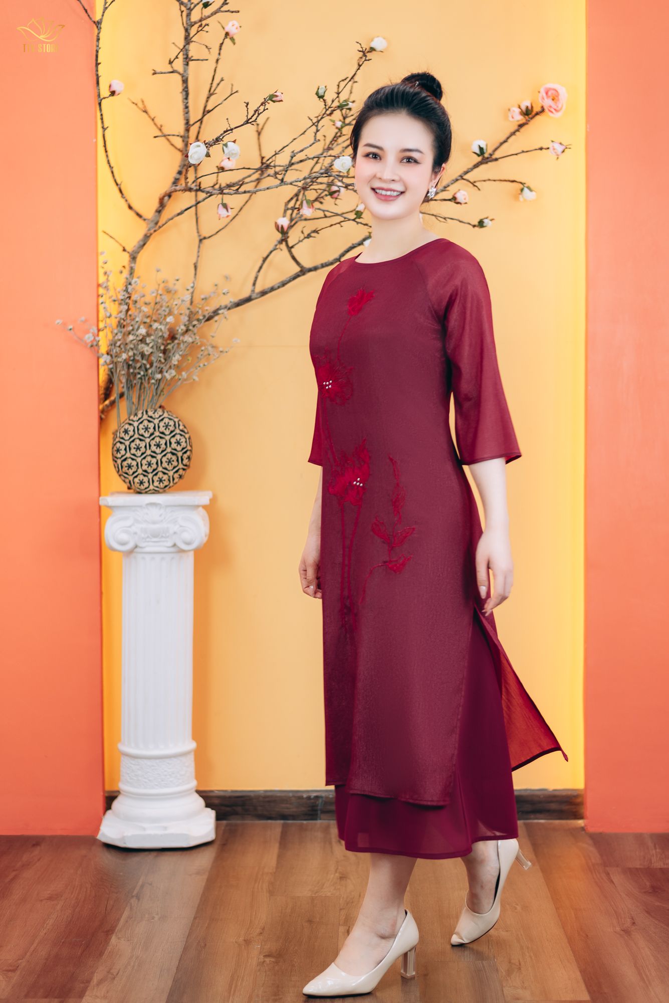 Áo dài cách tân - Cổ tròn kết hoa tay lỡ - CD - Đỏ đô - TTV1763