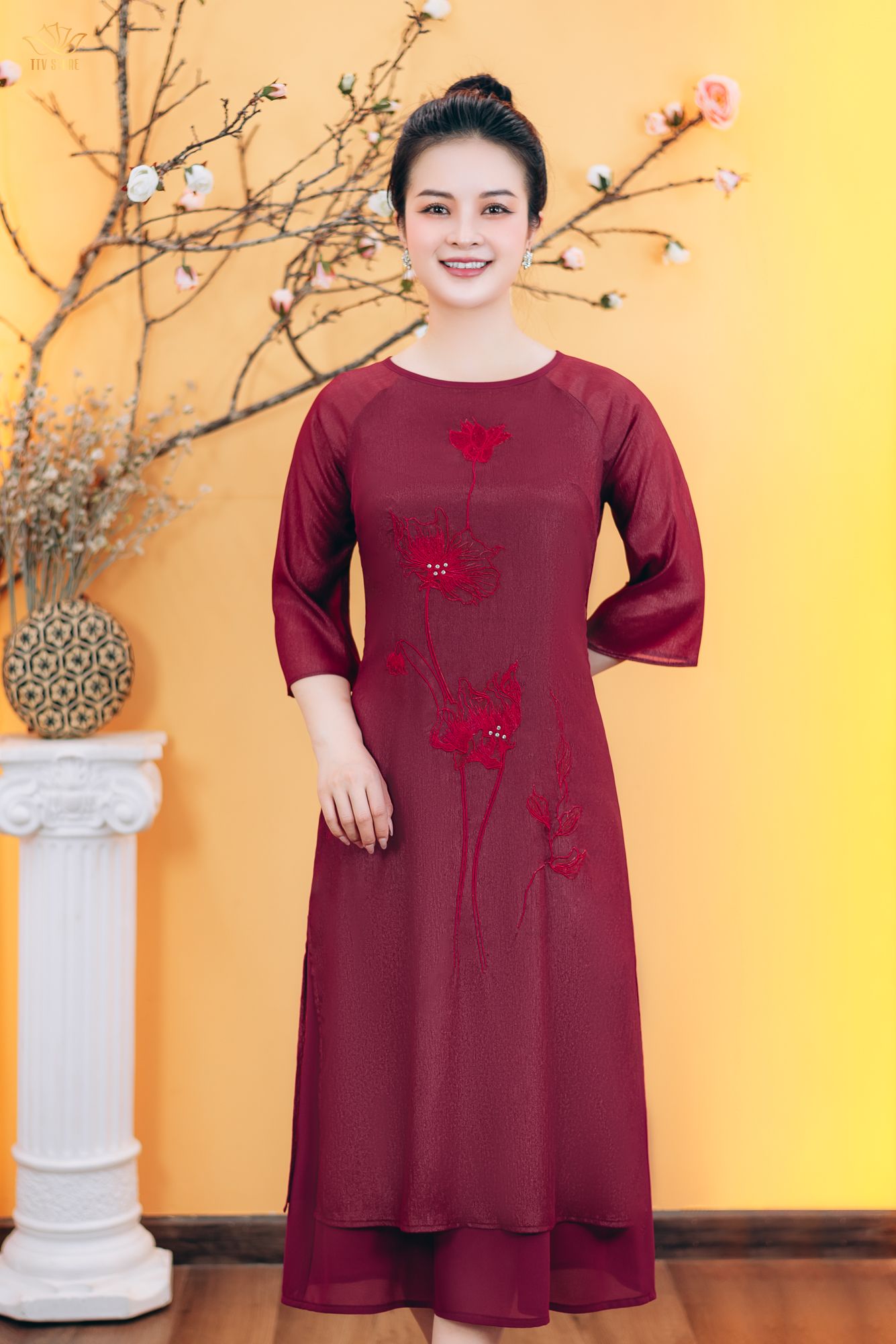 Áo dài cách tân - Cổ tròn kết hoa tay lỡ - CD - Đỏ đô - TTV1763