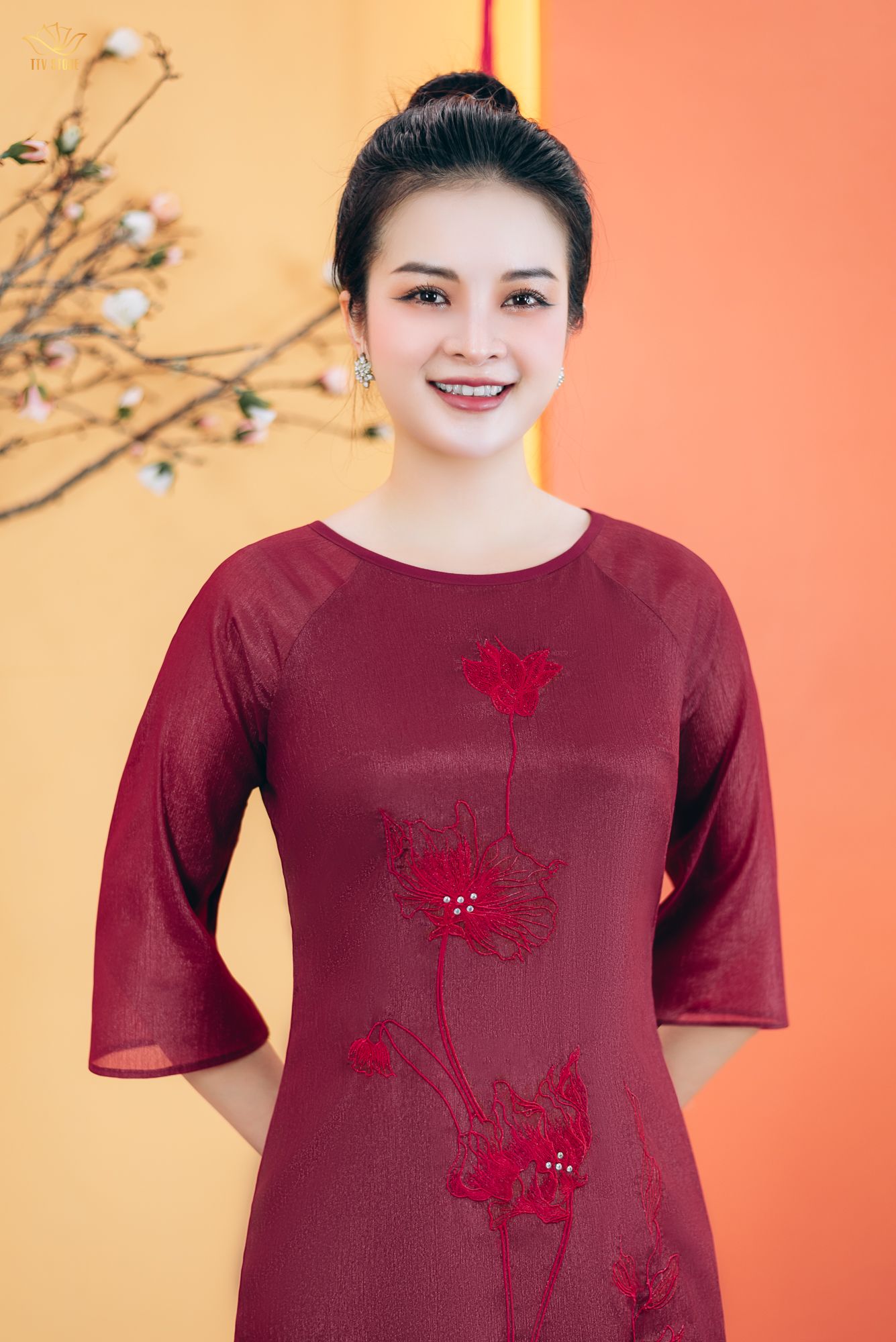 Áo dài cách tân - Cổ tròn kết hoa tay lỡ - CD - Đỏ đô - TTV1763