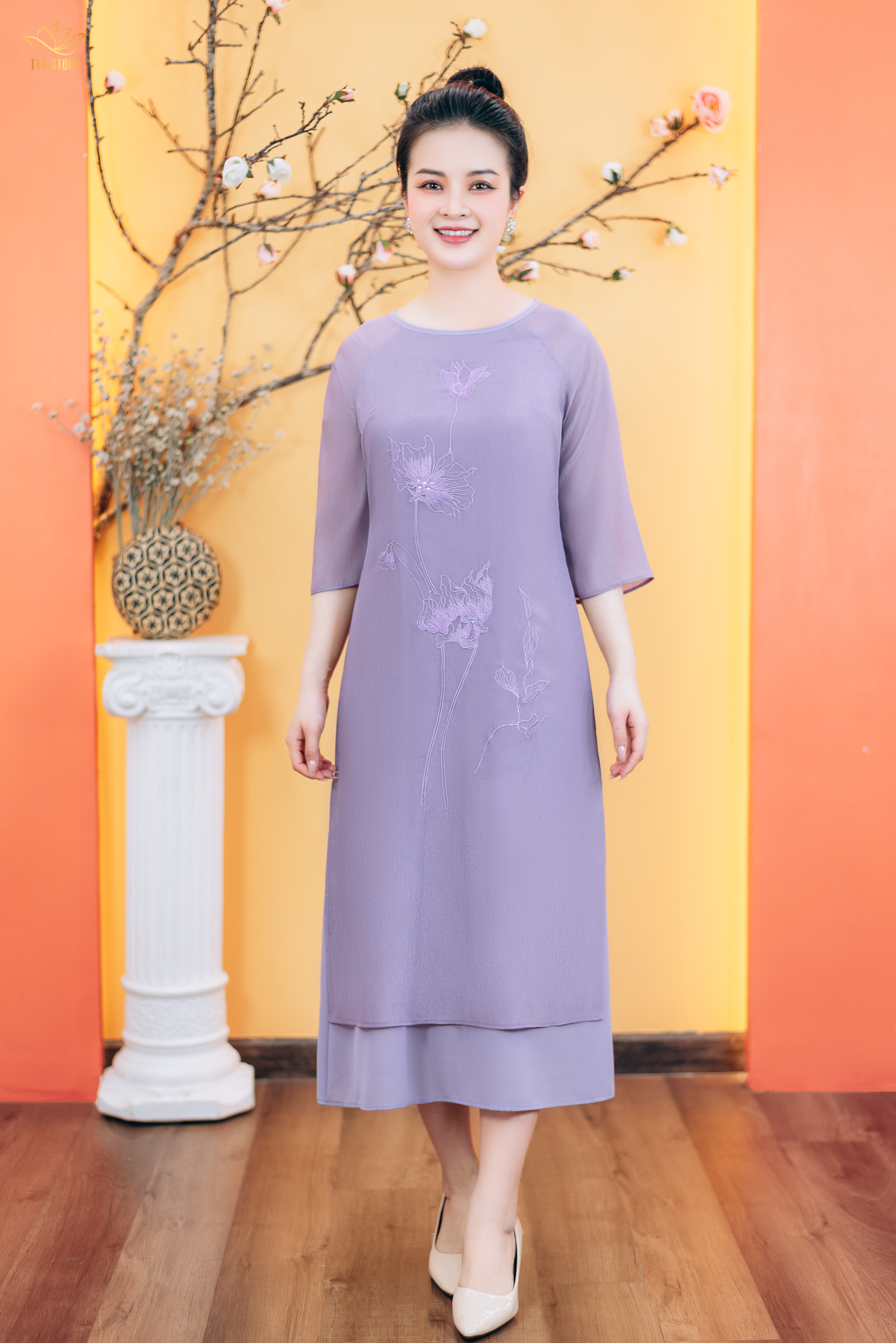 Áo dài cách tân - Cổ tròn kết hoa tay lỡ - CD - Tím - TTV1763