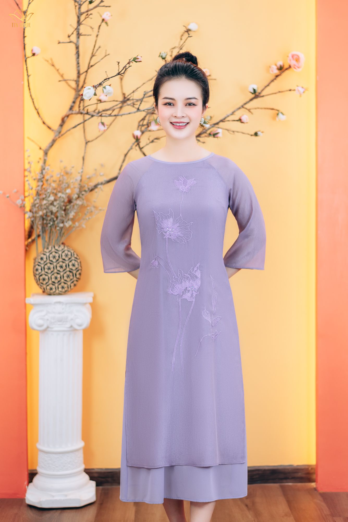 Áo dài cách tân - Cổ tròn kết hoa tay lỡ - CD - Tím - TTV1763