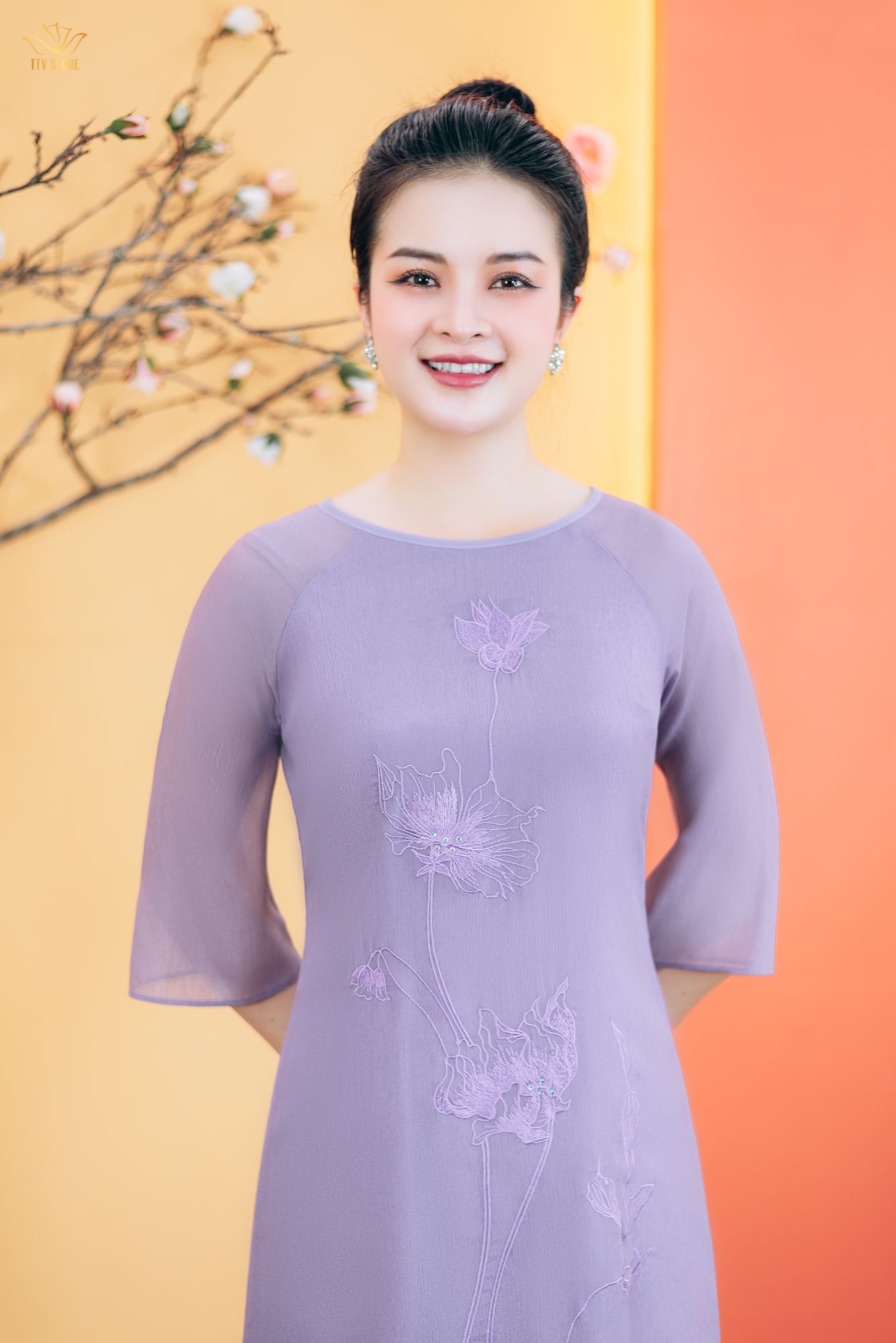 Áo dài cách tân - Cổ tròn kết hoa tay lỡ - CD - Tím - TTV1763